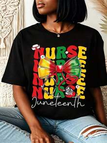 Camiseta de talla grande para mujer, diseño 1865 Juneteenth Liberty Celebration, estampado gráfico vintage con colores pan-africanos, cuello redondo de algodón, manga corta, ajuste cómodo, casual y llamativa, adecuada para desfiles de Juneteenth, eventos culturales y uso diario - Diseño tradicional afroamericano con lazo de Nurse Juneteenth, lavable a máquina y adecuada para todas las estaciones, regalos para el Mes de la Historia Negra. - Negro - Ver 1