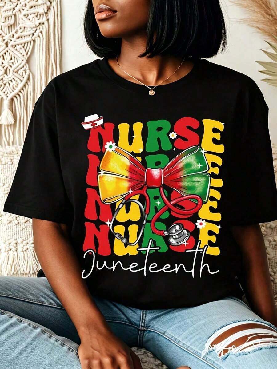 Camiseta de talla grande para mujer, diseño 1865 Juneteenth Liberty Celebration, estampado gráfico vintage con colores pan-africanos, cuello redondo de algodón, manga corta, ajuste cómodo, casual y llamativa, adecuada para desfiles de Juneteenth, eventos culturales y uso diario - Diseño tradicional afroamericano con lazo de Nurse Juneteenth, lavable a máquina y adecuada para todas las estaciones, regalos para el Mes de la Historia Negra. - Negro - Ver 1