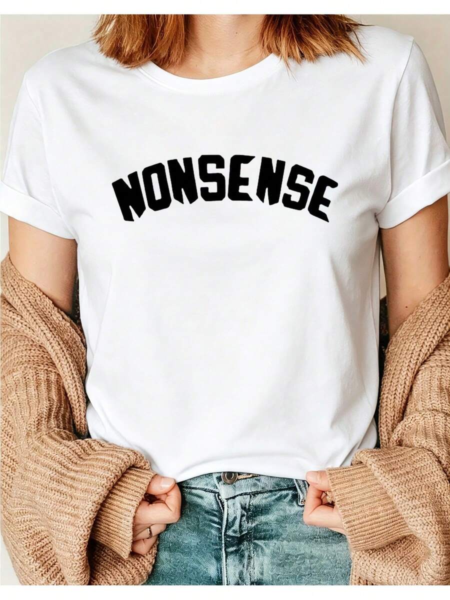 Camiseta Deportiva Casual para Mujer con Diseño NONSENSE - Camiseta Elástica de Cuello Redondo en Color Claro, Lavable aáquina, Ajuste Cómodo y Apta para Todas las Estaciones, Perfecta para Llevar con Cárdigan, para Estilo Casual y Diario. - Blanco - Ver 1