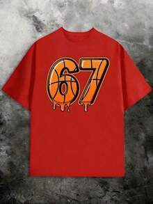 Women's Dripping Basketball Graphic Print T-Shirt Number 67, Sports Fan T-Shirt, Soft Pure Cotton, Casual Style For Game Day Or Everyday Wear, Unique Gift For Women. - 紅色 - 查看 2