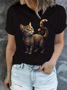 Camiseta Deportiva Casual para  con Colorido Diseño de Gato - Camiseta Elástica de Cuello Redondo, Lavable aáquina, Ajuste Cómodo y Perfecta para Todas las Estaciones, Ropa Casual con Estilo Animal. - Negro - Ver 1