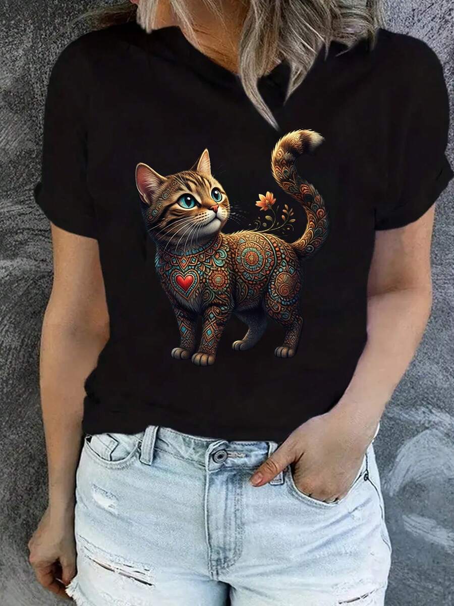 Camiseta Deportiva Casual para con Colorido Diseño de Gato - Camiseta Elástica de Cuello Redondo, Lavable aáquina, Ajuste Cómodo y Perfecta para Todas las Estaciones, Ropa Casual con Estilo Animal. - Negro - Ver 1