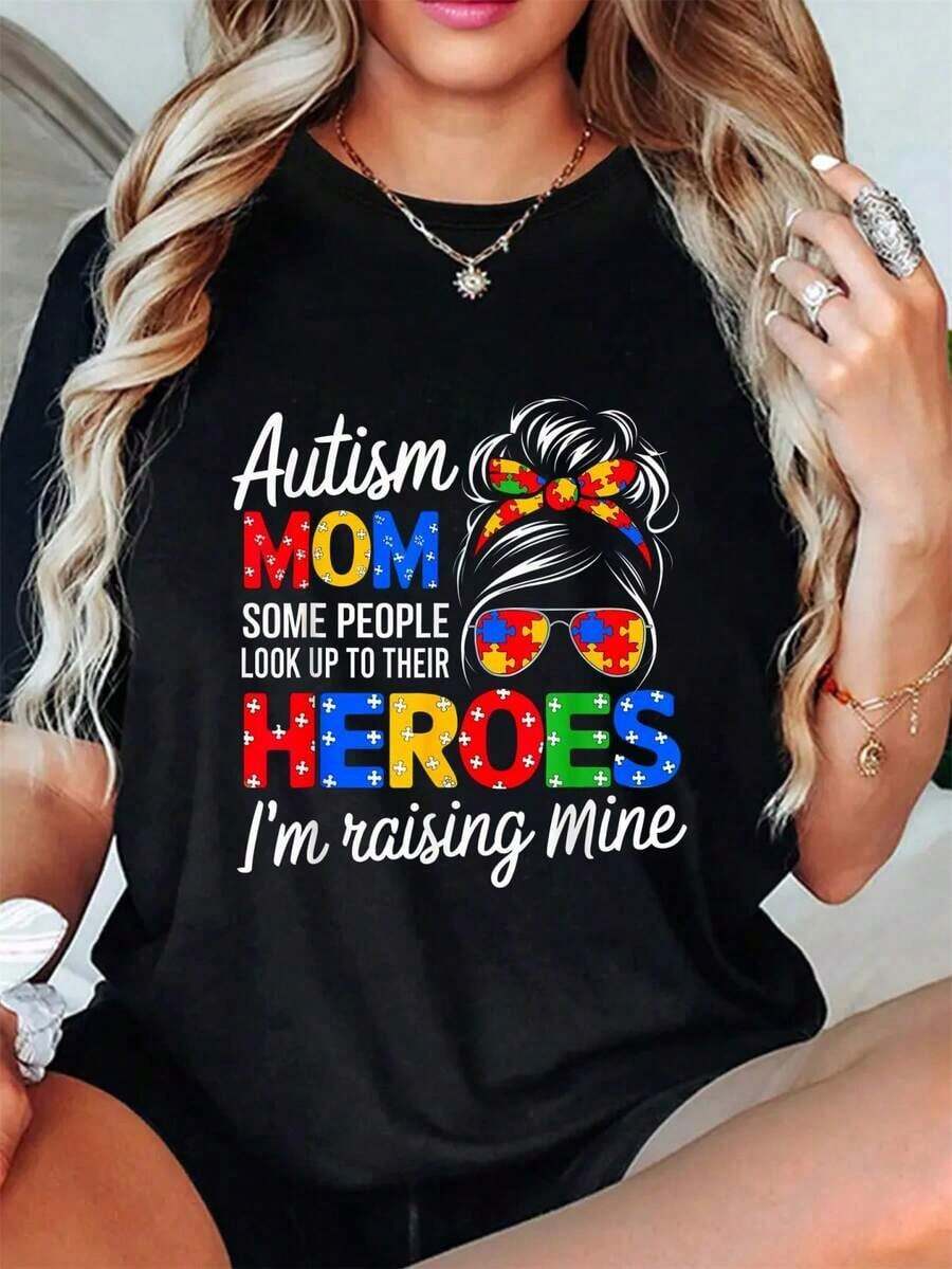 Autism Awareness T-Shirts For Moms With Messy Buns, Graphic Autism Awareness T-Shirts For Women, Casual Short Sleeve Crew Neck T-Shirts For Women, Blouses For Women > Casual Blouse Clothing For Women - 黑色 - 查看 1