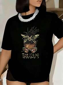 Women's T-Shirt With Taurus Zodiac Sign Print With Afro Hair And Glasses, Short Sleeve, Round Neck, Casual Clothing For Birthday Party Or Daily Wear, Basic Women's Blouse, Women's Blouse, Urban Style T-Shirt, Casual T-Shirt For Festivals And Daily Wear. - 黑色 - 查看 6