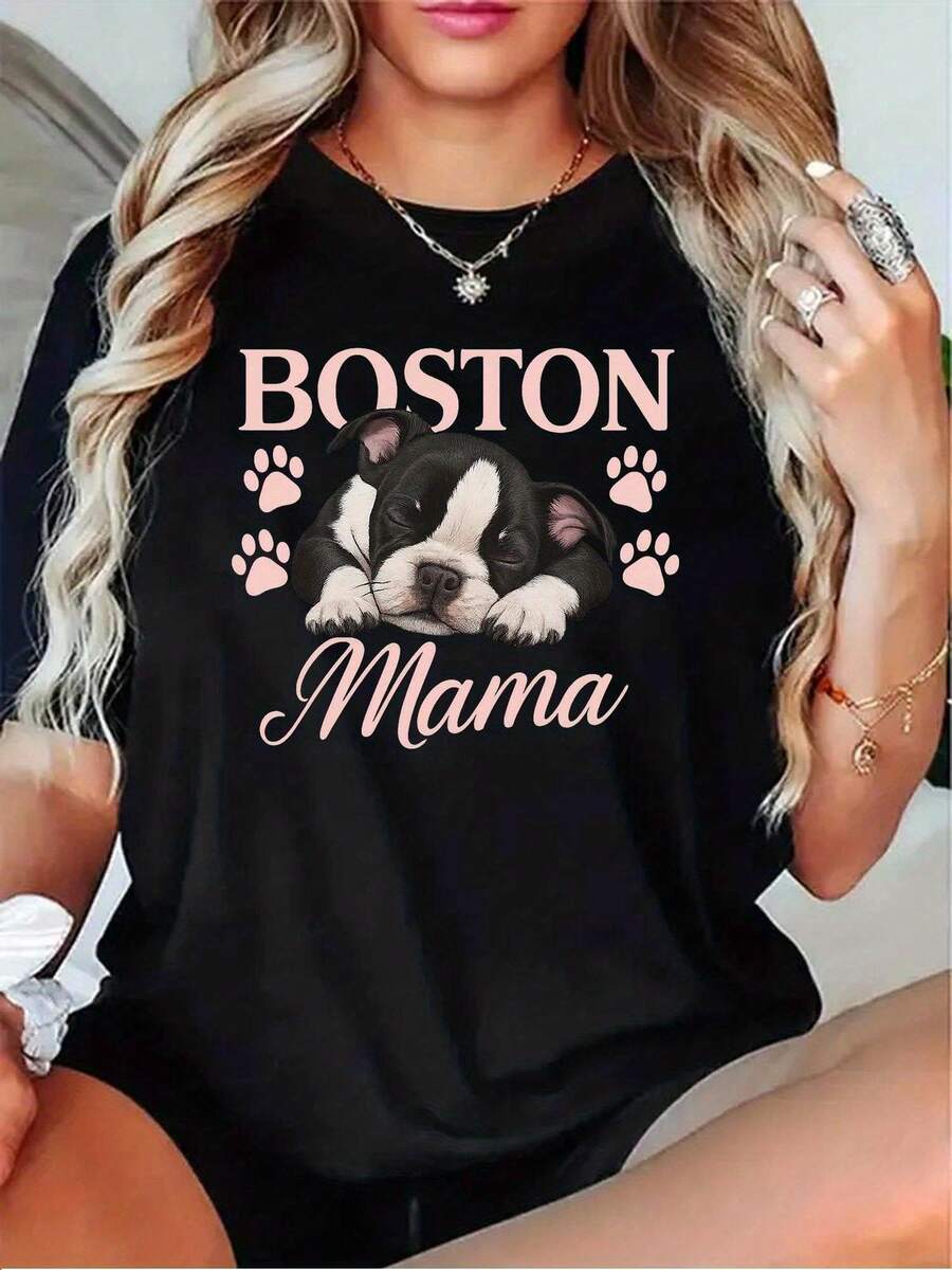 Camiseta Deportiva Casual para Mujer de Cuello Redondo Negra con Gráfico de Cachorro en Cursiva Rosa - Camiseta Elástica, Lavable aáquina, Ajuste Cómodo y Apta para Todas las Estaciones, para Uso Diario. - Negro - Ver 1