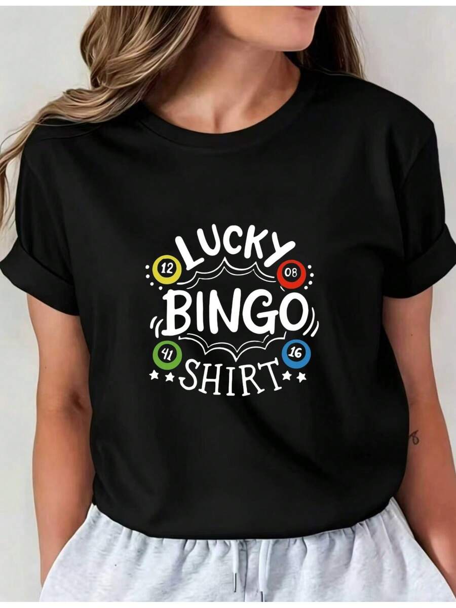 Camiseta Deportiva Casual para Mujer Lucky Bingo Shirt - Camiseta Negra de Manga Corta, Elástica y de Cuello Redondo, Lavable aáquina, Ajuste Cómodo para Todas las Estaciones, para un Look Divertido y Casual. - Negro - Ver 1