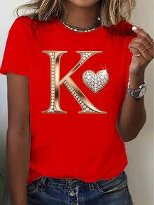 Camiseta de manga corta con la letra K en relieve dorado y estampado de pedrería en forma de corazón, casual y cómoda, adecuada para correr y practicar deportes. Moderna, elegante, única y divertida, cómoda, suave y transpirable. Ideal para deportes al aire libre y ocio. Adecuada para fiestas elegantes, unisex, para parejas o como regalo para amigos. 2XEQ - Rojo - Ver 1