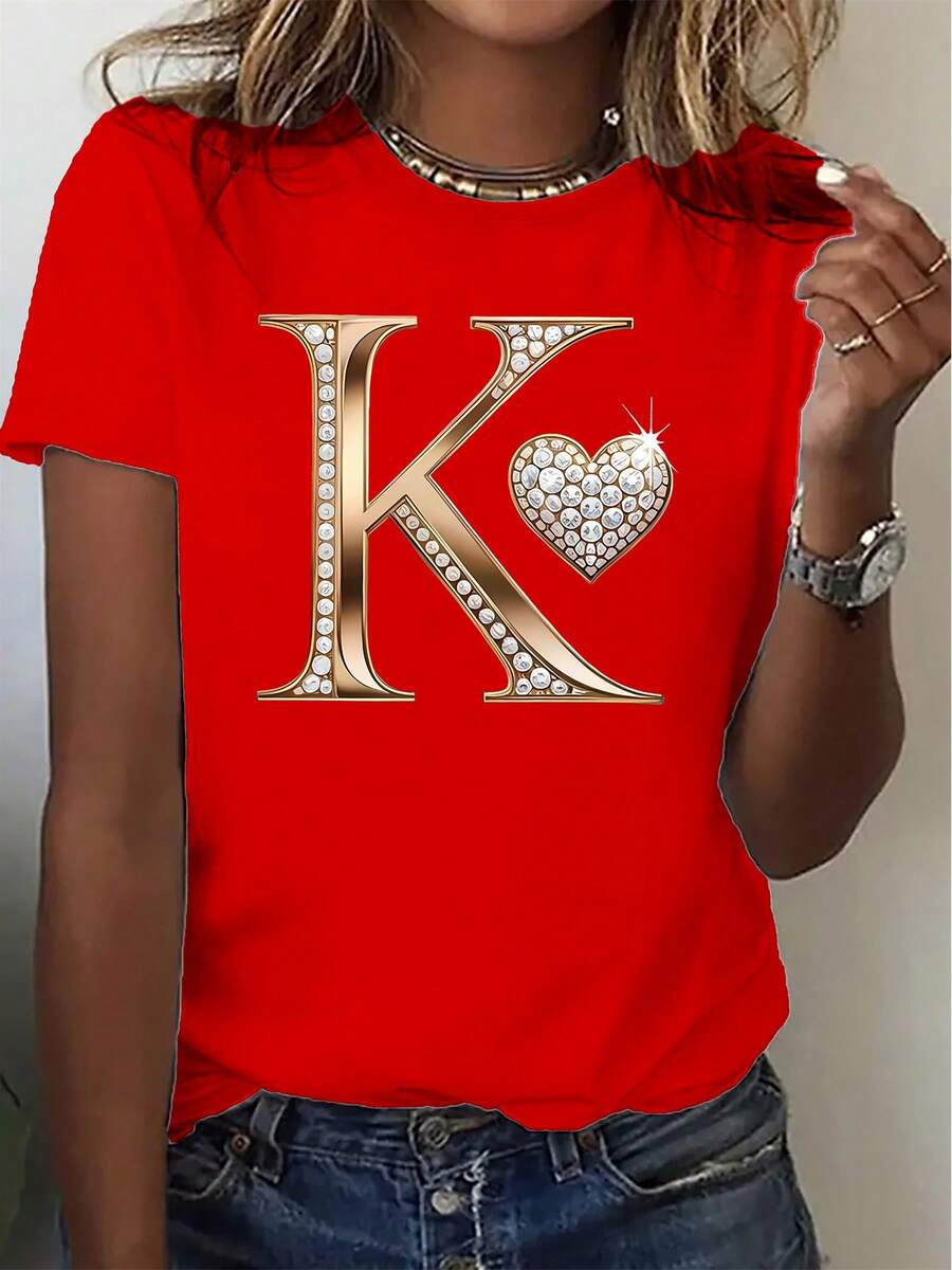 Camiseta de manga corta con la letra K en relieve dorado y estampado de pedrería en forma de corazón, casual y cómoda, adecuada para correr y practicar deportes. Moderna, elegante, única y divertida, cómoda, suave y transpirable. Ideal para deportes al aire libre y ocio. Adecuada para fiestas elegantes, unisex, para parejas o como regalo para amigos. 2XEQ - Rojo - Ver 1