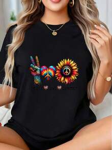 Camiseta con Estampado de Corazón, Girasol y Símbolo de la Paz para Mujer, Estilo Boho, Casual, para Festivales, Verano, Moda Hipster, Estilo Vintage Urbano, Unisex, de Algodón, Manga Corta, Cuello Redondo, 100% Algodón - Negro - Ver 1