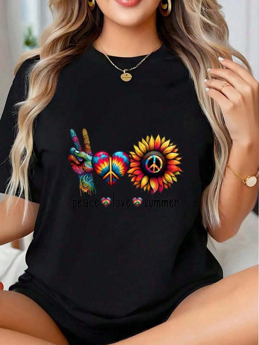 Camiseta con Estampado de Corazón, Girasol y Símbolo de la Paz para Mujer, Estilo Boho, Casual, para Festivales, Verano, Moda Hipster, Estilo Vintage Urbano, Unisex, de Algodón, Manga Corta, Cuello Redondo, 100% Algodón - Negro - Ver 1