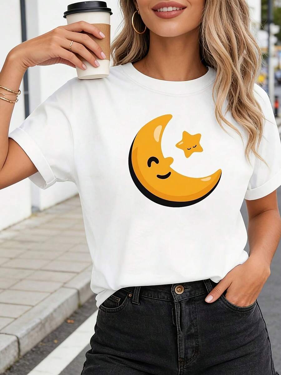 Women's T-Shirt With Cartoon Moon And Star Prints, Perfect For Casual Wear At Home And Coffee Breaks. This Cute And Stylish Design Features Short Sleeves, Ideal For Everyday Outings. - 白色 - 查看 1