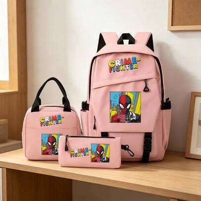 Miniso Bộ 3 món Marvel Spider-Man Crime-Fighter màu hồng gồm ba lô, túi đựng laptop, túi giữ nhiệt và hộp đựng bút, thích hợp cho văn phòng, học tập và du lịch.