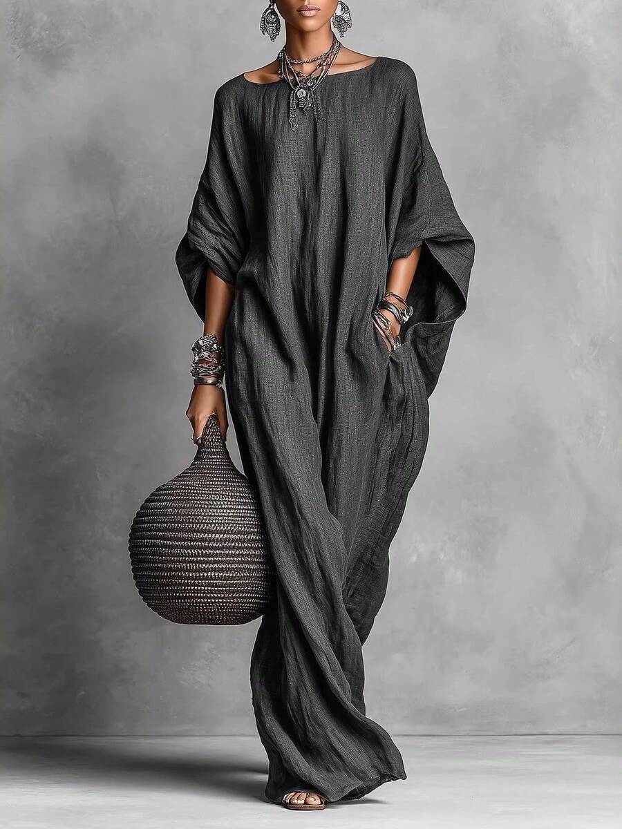 Elegant Solid Color Casual Maxi Dress, European American Retro Style 2026, Women's Long Sleeve Off-Shoulder - 黑色 - 查看 1