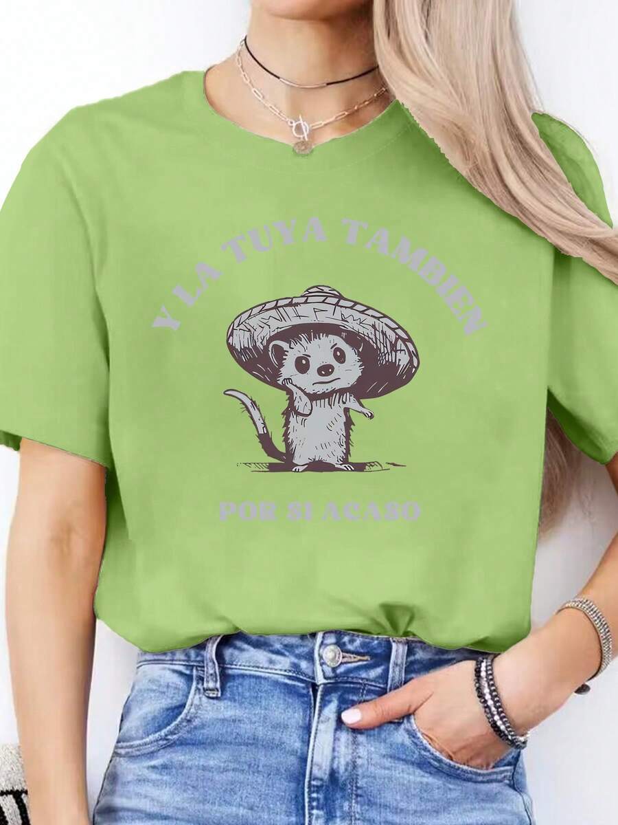 Nueva camiseta de moda para mujer con cuello redondo, de algodón, con estampado de letras en español, camiseta casual de primavera/verano, camiseta deportiva de manga corta con cuello redondo, top para mujer. Camiseta blanca lisa, diseño versátil para el verano. - Verde - Ver 1