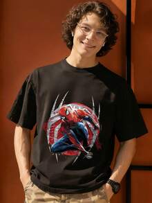 Spider Man Breaking Through Wall Graphic T Shirt 100 Percent Cotton Mens T Shirts MARVEL Marvel Universe Superhero Summer Outfits Men Men Clothes Mens Tops Streetwear Mens Gift Ideas Innerwear Or Outfits,Mens Fashion - màu đen - Xem 1