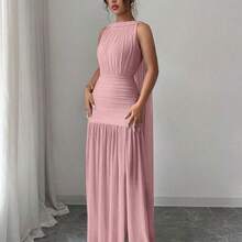 Vestido plisado con abertura y espalda descubierta de unicolor elegante para mujer, de verano - Rosa - Ver 8