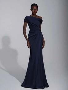 Elegante y lujoso vestido de satén fruncido con hombros descubiertos y silueta de sirena, adecuado para bodas, fiestas, vacaciones, galas y vestidos de dama de honor - Azul marino - Ver 4