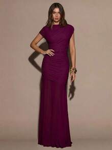 Vestido ajustado de cuello redondo sin mangas con fruncido en color borgoña, vestido elegante de Venus adecuado para vacaciones, fiestas, Navidad, citas, cumpleaños, otoño/invierno - Rojo violeta - Ver 6