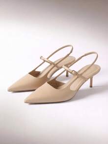 Mary Jane Shoes Women Kitten Slingback Pointed Closed Toe Heels Dress Party Casual Comfortable Pumps Shoes - 杏色 - 查看 1