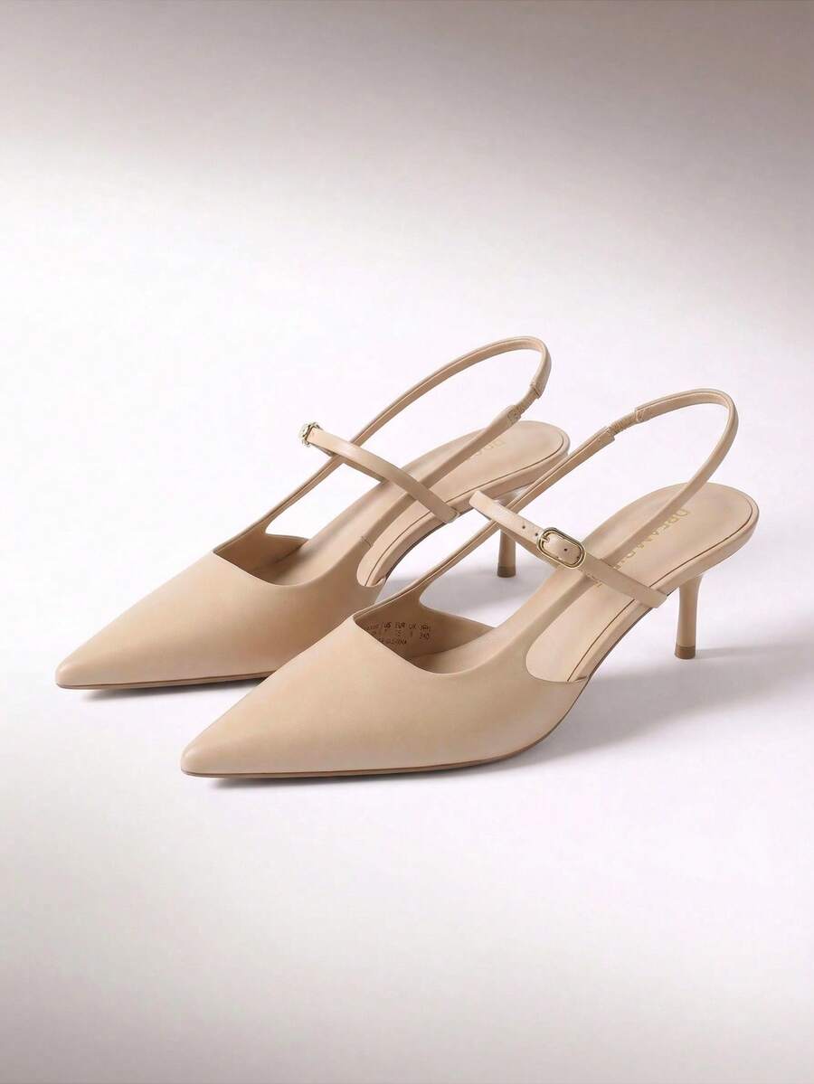 Mary Jane Shoes Women Kitten Slingback Pointed Closed Toe Heels Dress Party Casual Comfortable Pumps Shoes - 杏色 - 查看 1
