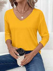 Camiseta de manga larga con cuello en V regular y estilo minimalista casual, adecuada para otoño/invierno - Amarillo - Ver 1