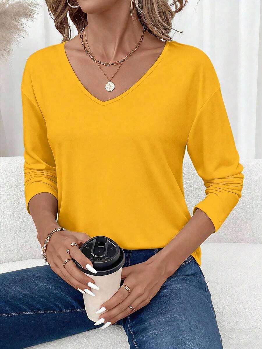 Camiseta de manga larga con cuello en V regular y estilo minimalista casual, adecuada para otoño/invierno - Amarillo - Ver 1