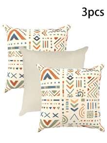 1pc Bohemian Geometric Pattern Throw Pillow Cover, Beige Background Vintage Triangle Wave Line Print + Solid Color Linen Style, Exotic Sofa Cushion Cover, Polyester With Zipper Machine Washable, Pillow Insert Not Included - Multicolor - View 10