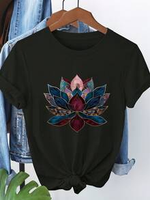 Short-Sleeved T-Shirt With Lotus Print 8149 - Dark - View 4