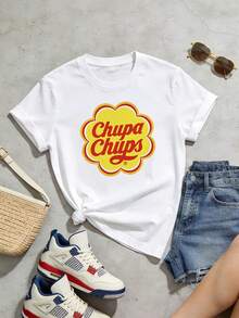Camiseta de manga corta con cuello redondo suave y casual para mujer, el estampado gráfico con el logo de Candy es ideal para conjuntos de primavera y verano. Blanca. - Blanco - Ver 5