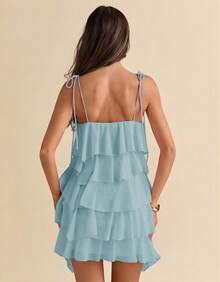 Women's Short Dress With Layered Ruffles, Thin Straps, V-Neck, Summer Fashion - Light Blue - View 5