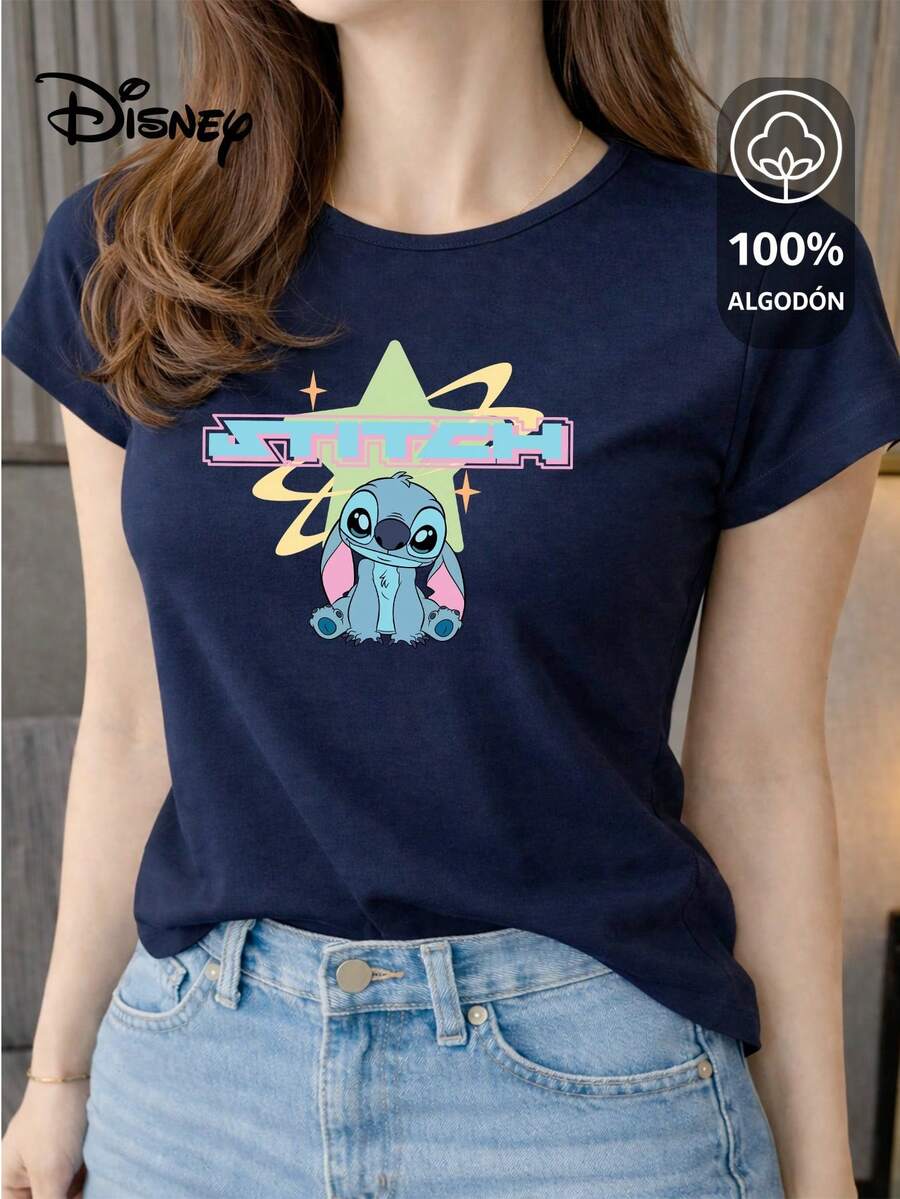 Women's T-Shirt Made Of 100% High-Quality Cotton, This T-Shirt Guarantees Exceptional Softness To The Touch, Round Neck With "Disney Stitch Star Retro" Print And Short Sleeves - 藏蓝色 - 查看 1