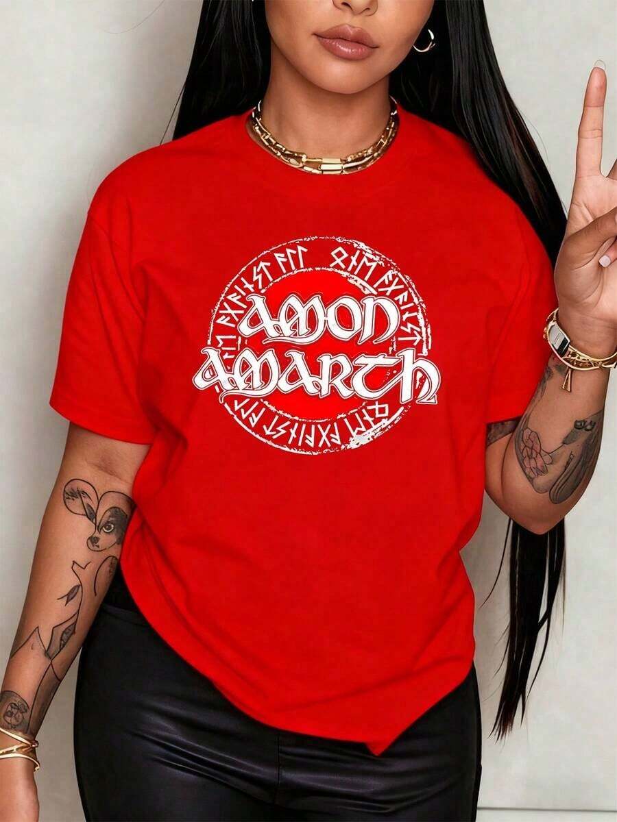 100% Cotton. With A Design Inspired By The Band Amon Amarth, Featuring Their Logo In A Red Circle And A Viking Style, This Women's T-Shirt Is Made Of 100% Cotton For Comfort. Women's Simple Solid Color T-Shirt, Loose And Slim Fit Casual Short Sleeve - 紅色的 - 查看 1