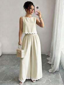 Conjunto de 2 piezas de mujer con tirantes de punto ondulado de color contrastante, adecuado para citas, uso diario, oficina, viajes, casual, vacaciones - Blanco - Ver 3