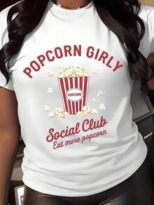 Women's Short Sleeve T-Shirt With Round Neck And Print - Popcorn Girls Social Club - Eat More Popcorn - S-3XL - Fashionable, Comfortable And Breathable - Machine Washable - 白色 - View 1