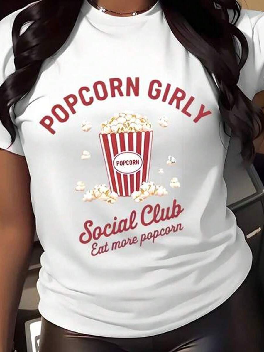 Women's Short Sleeve T-Shirt With Round Neck And Print - Popcorn Girls Social Club - Eat More Popcorn - S-3XL - Fashionable, Comfortable And Breathable - Machine Washable - 白色 - View 1