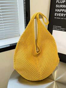 Bolso de hombro de gran capacidad de ganchillo - Bolso de mano tejido ligero y multifuncional, en beige, rosa, marrón, negro, adecuado para viajes, playa, vacaciones y uso diario, bolso gran - Albaricoque 3 - Ver 8