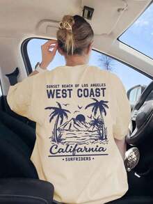 Women's Short-Sleeved T-Shirt With A Round Neck, Casual, Minimalist, And Versatile Style, Featuring A Palm Tree Print And Slogan, Suitable For Everyday Wear. Printed T-Shirt, Vacation. Summer - 杏色 - 查看 7