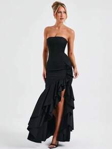Sleeveless Knit Maxi Dress With Ruffles, Elegant And Sensual Bustier Spring Summer Fashion - Black - View 1