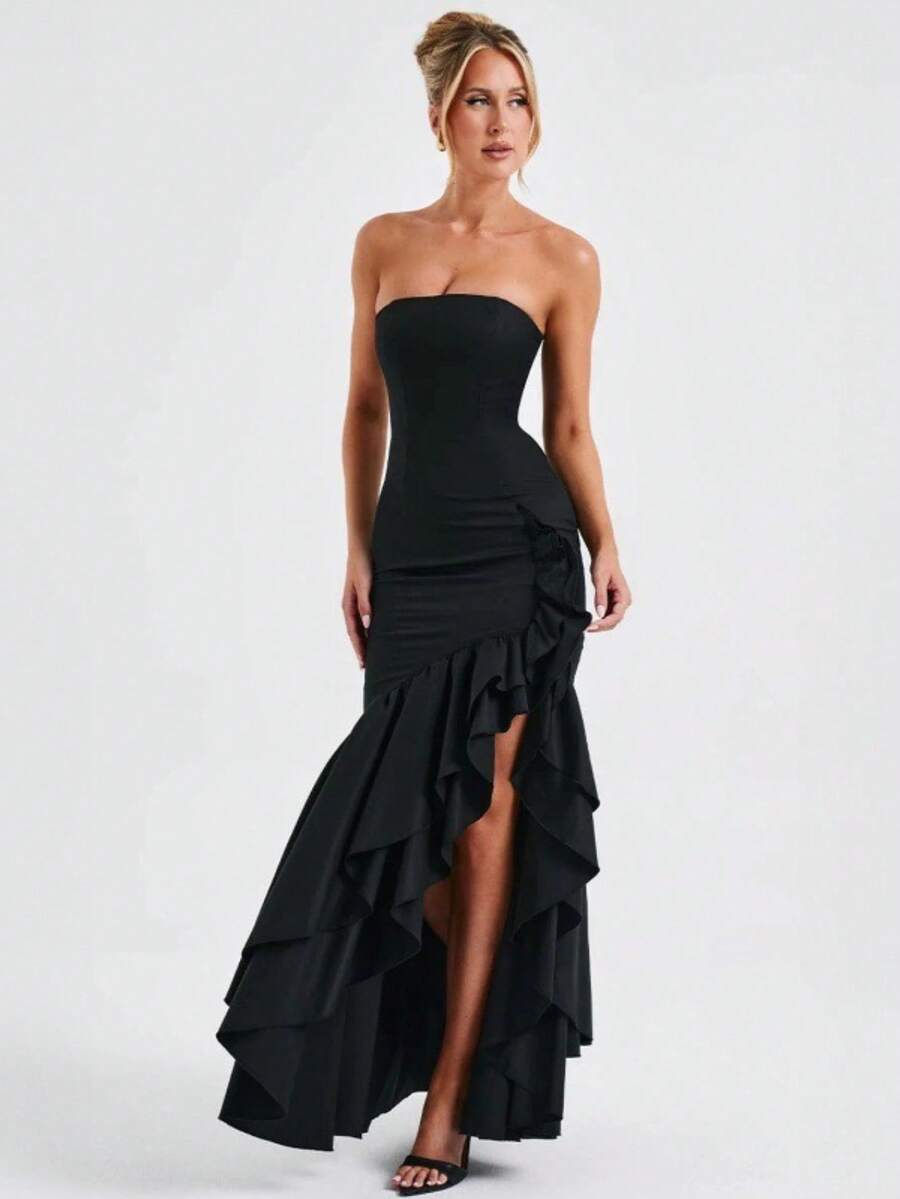Sleeveless Knit Maxi Dress With Ruffles, Elegant And Sensual Bustier Spring Summer Fashion - Black - View 1