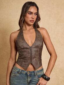 Top halter con cierre de cremallera frontal, estilo occidental, de cuero sintético con espalda descubierta y cordones, para mujer, de moda y sexy, para vacaciones de verano - Verde - Ver 3