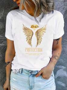 1 Piece Women's Crew Neck T-Shirt With Angel Wing Print And Y2K Slogan - Soft, Micro-Stretch, Non-See-Through Fabric, Washable, Casual Short Sleeve Top, Casual Wear, Fashion For All Seasons, Bold Graphic T-Shirt, Easy Care Clothing, Relaxed Cut, Retro Style, Comfortable Fit, Printed T-Shirt, Minimalist Style Sweatshirt For Fashion Lovers. - 白色 - 查看 5
