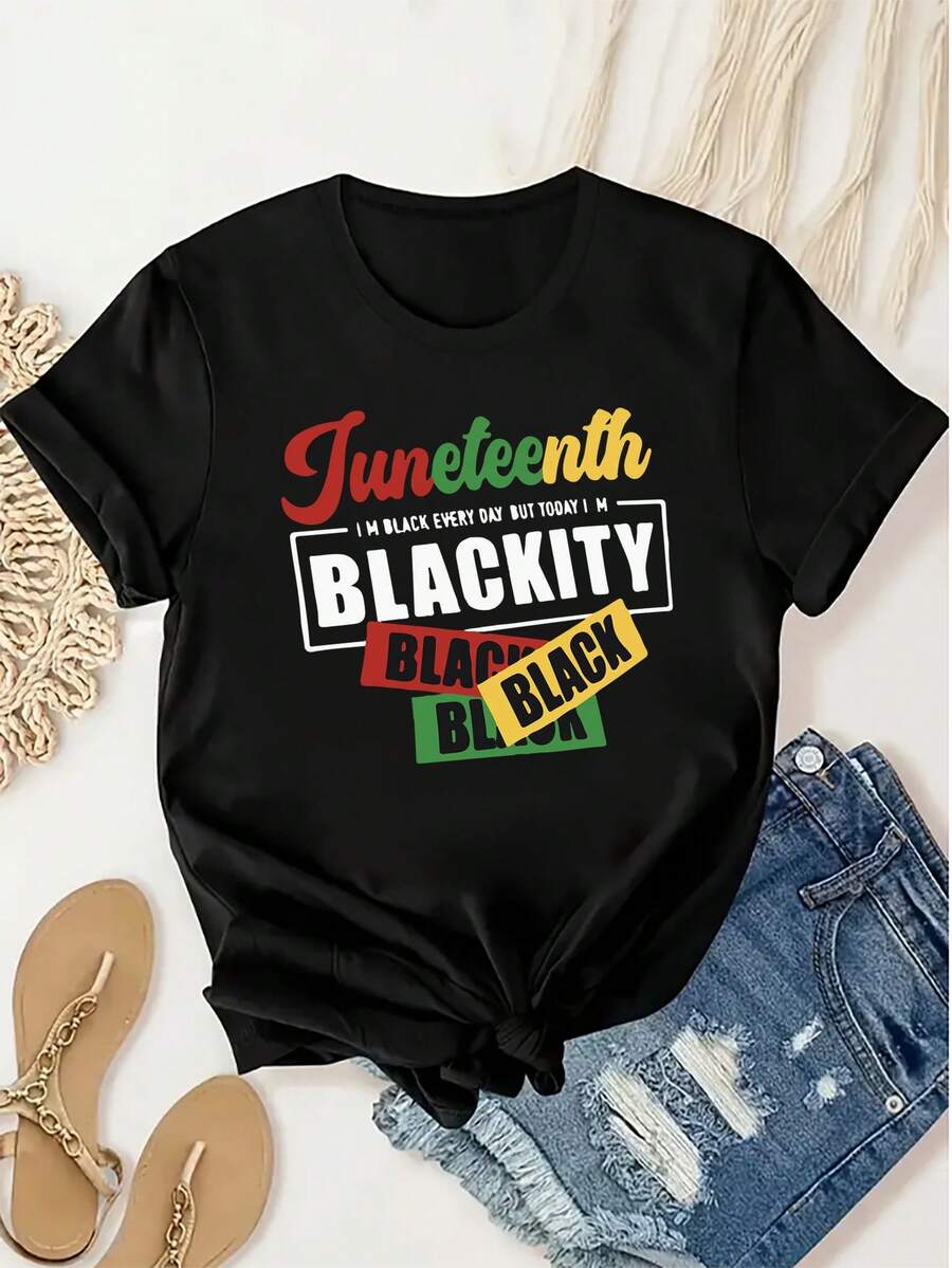 1 pieza de camiseta de mujer para la celebración de Juneteenth, 100% fibra de poliéster, cuello redondo, manga corta, patrón geométrico, corte casual regular, top de tela de punto para todas las estaciones, 180 gramos - estampado negro. - Negro - Ver 1