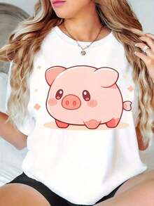 Lovely Pig, Gift, Directional Backgrounds, New Women's Casual Crew Neck Sports T-Shirt For All Seasons. Casual Blouses For Ladies - 白色 - 查看 1