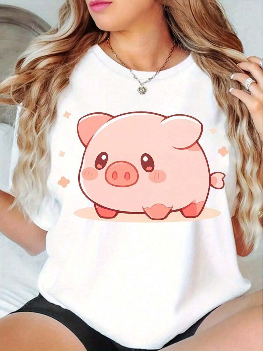 Lovely Pig, Gift, Directional Backgrounds, New Women's Casual Crew Neck Sports T-Shirt For All Seasons. Casual Blouses For Ladies - 白色 - 查看 1
