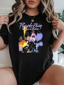 Women's 'Purple Rain' Graphic Print T-Shirt, Black And White Options, Casual Summer Tops, Women's T-Shirts, Summer Tops, Graphic T-Shirts, Summer Sets, Women's Crop Tops, Casual Blouses For Ladies - 黑色 - 查看 7
