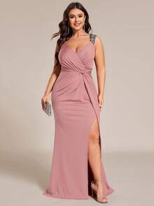 EVERPRETTY Gaun Malam Wanita Ukuran Besar Model Camisole dengan Belahan Tinggi, Gaun Formal Warna Pink Pucat, Cocok untuk Wisuda, Prom, dan Pesta Pernikahan - Rusty Rose - View 2