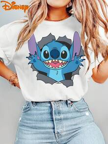 Authentic Women's Disney Plus Size Short Sleeve T-Shirt, Whimsical Cartoon Lilo & Stitch Stitch Breaking Out Of A Hole Double-Sided Print, Round Neck Summer Plus Size Tee, Suitable For Spring, Summer, And Autumn, Disney Trip, Fashionable Casual - trắng - Xem 2