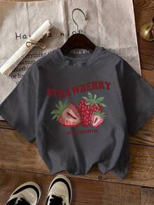 Camiseta con estampado gráfico, top casual de manga corta y cuello redondo para verano y primavera, ropa de mujer - Negro - Ver 7