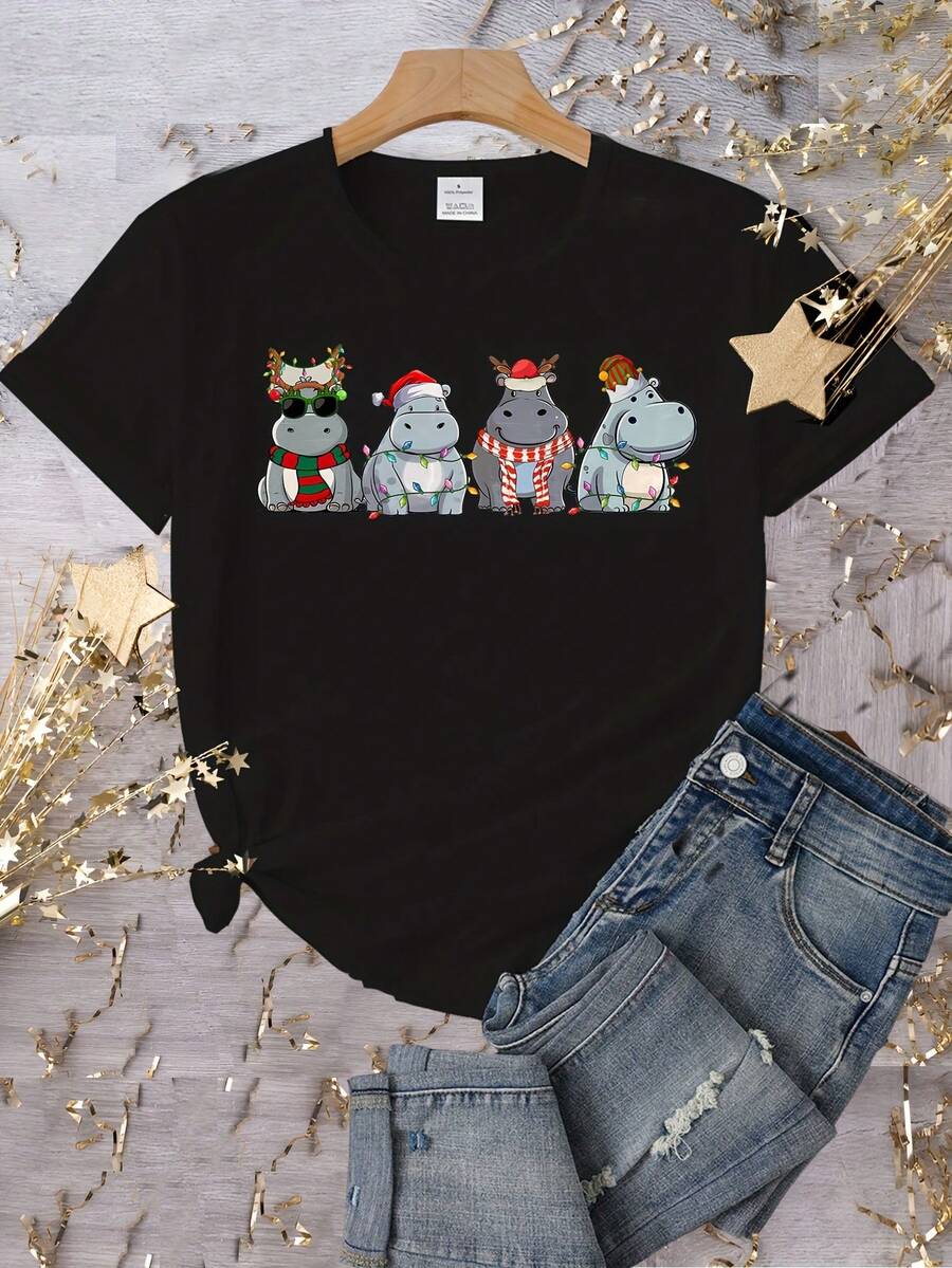 Camiseta Deportiva Casual para Mujer con Diseño de Hipopótamo de Caricatura Festivo - Camiseta Negra Elástica de Cuello Redondo, Lavable aáquina, Ajuste Cómodo y Perfecta para Todas las Estaciones, Estilo Divertido y Alegre. - Negro - Ver 1