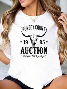 Under The RadarRound Neck Personalized And Interesting Print Grundy County 1995 Auction Bid Your Heart Goodbye Cow Skull T-Shirt Women's Black Graphic Tee Suitable For Gifts-Vintage Street Style Unisex Loose Cotton Short Sleeve Crew Neck T-Shirt - 白色 - 查看 1